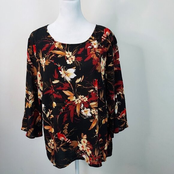 J Jill Black/Red Foliage 3/4 Sleeve Top Size Large - Picture 1 of 9